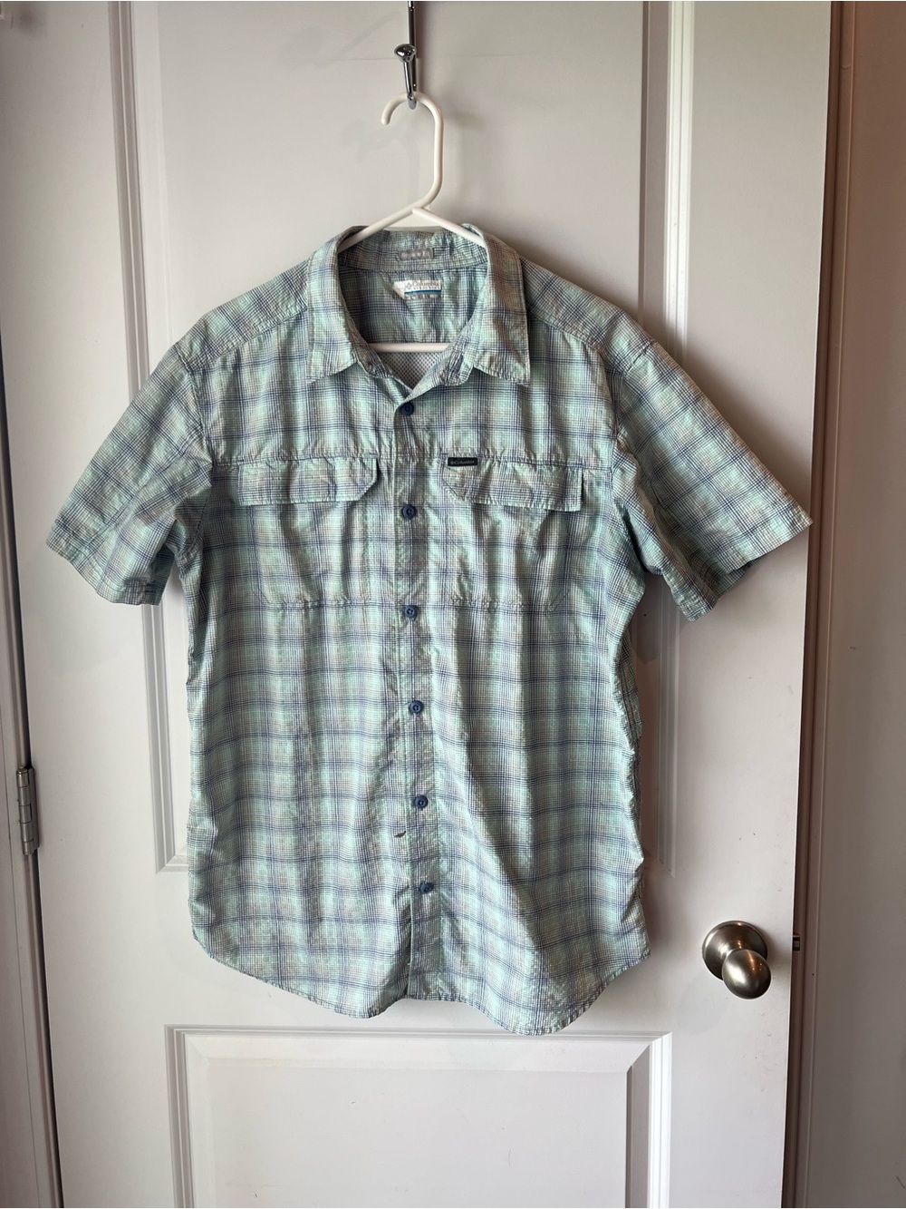 Columbia Light Green and Blue Plaid Short-Sleeve Button-Up Shirt